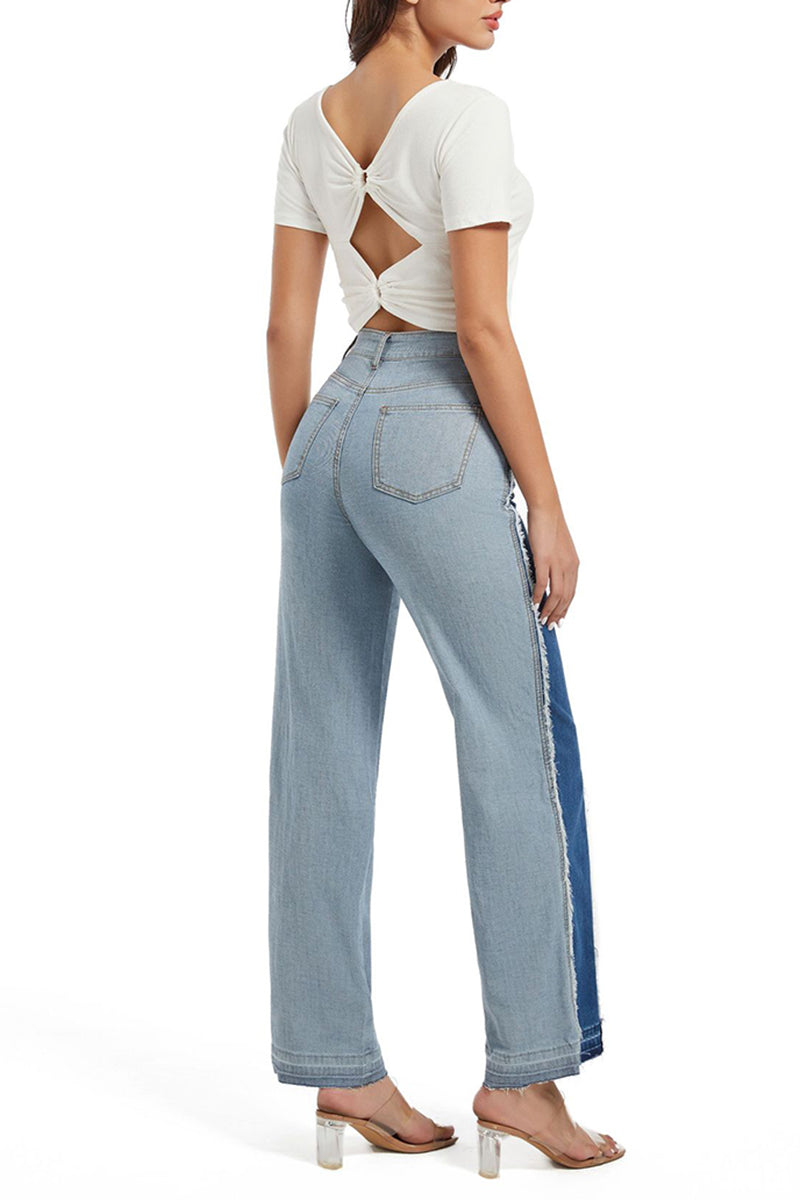 Contrast Panel Wide-Leg Jeans