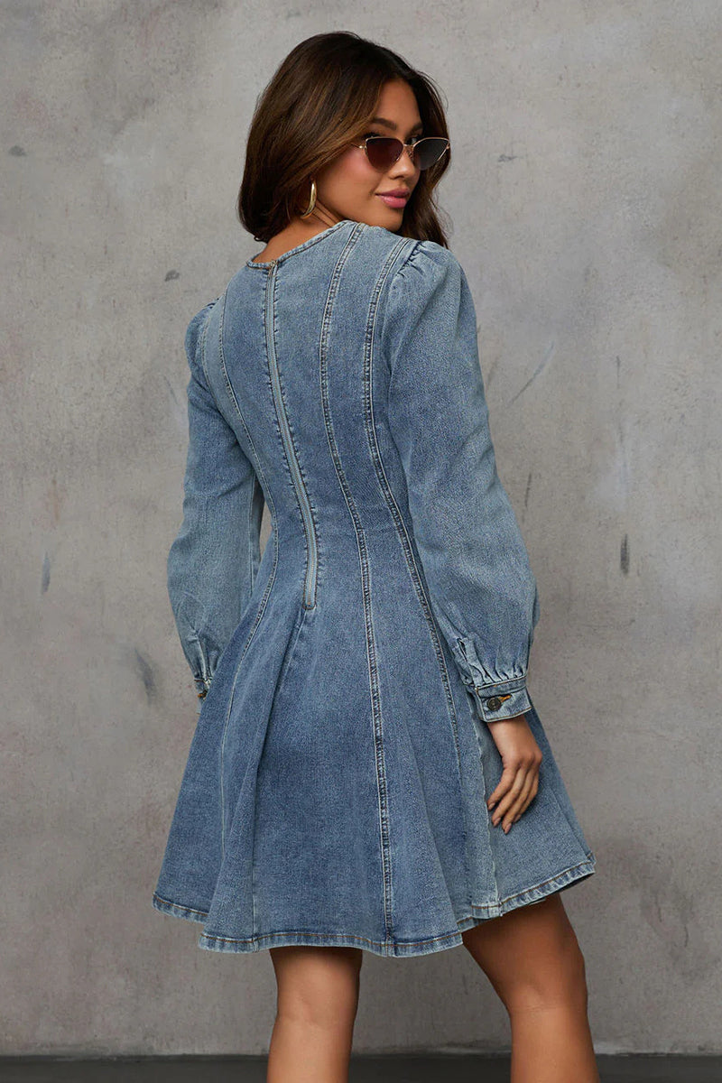 Fitted Denim Mini Dress with Puff Sleeves