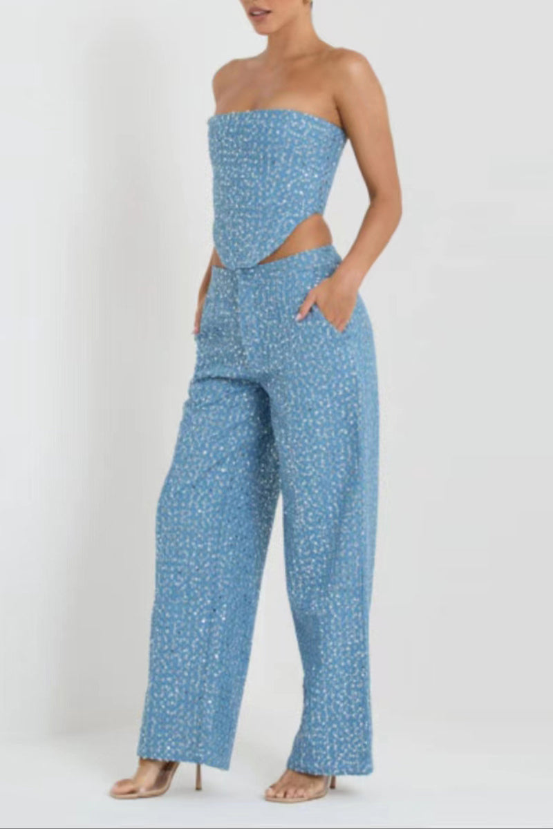 Strapless Sequin Top and Wide-Leg Pants Set