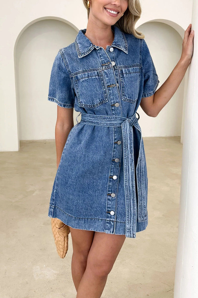 Short Sleeve Belted Denim Dress