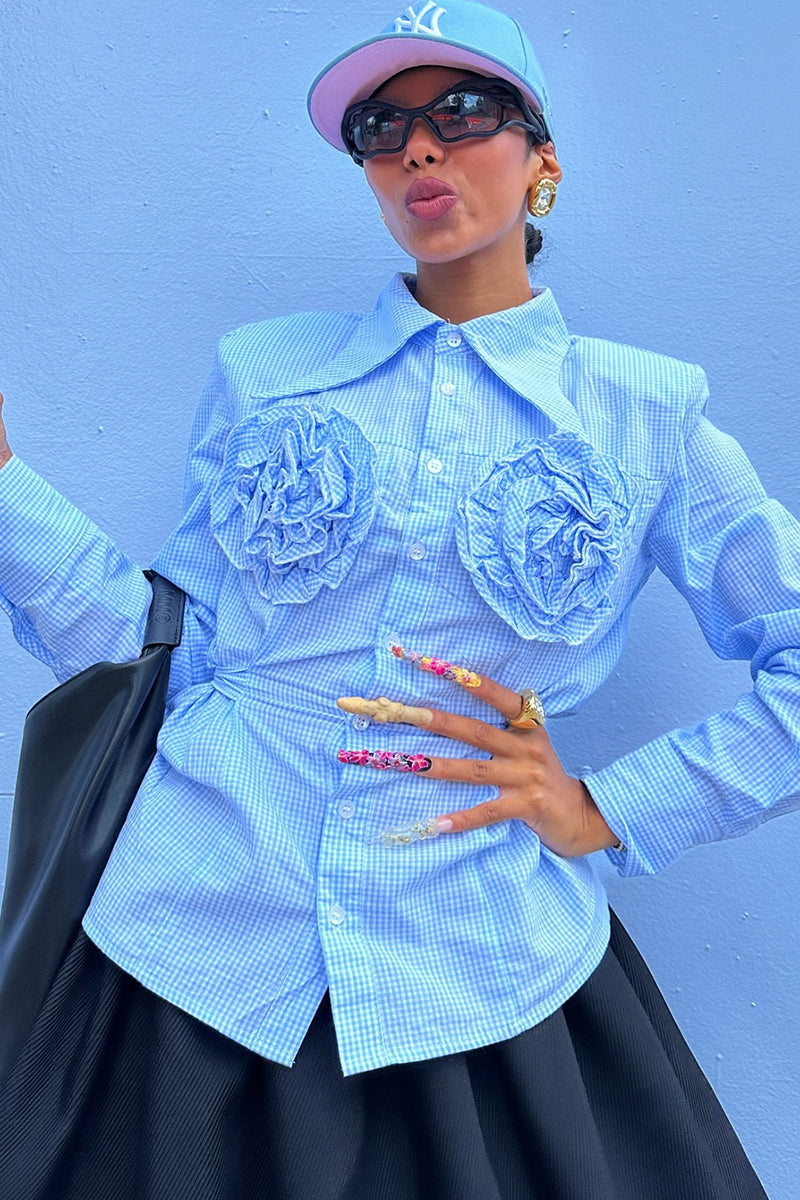 Double Floral Applique Button-Up Shirt