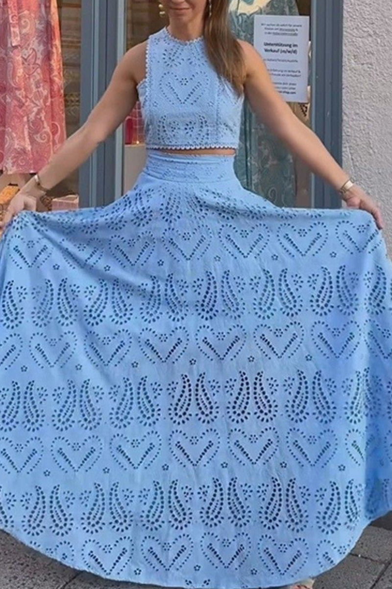 Lace Eyelet Crop Top and Maxi Skirt Set