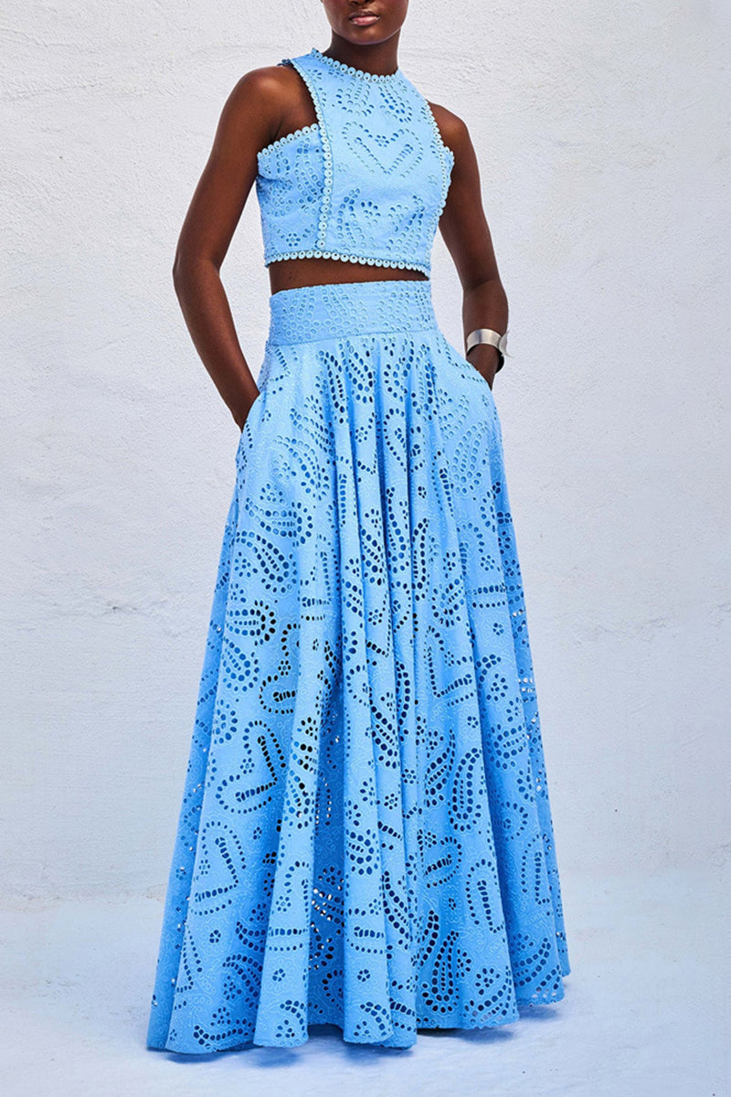 Lace Eyelet Crop Top and Maxi Skirt Set