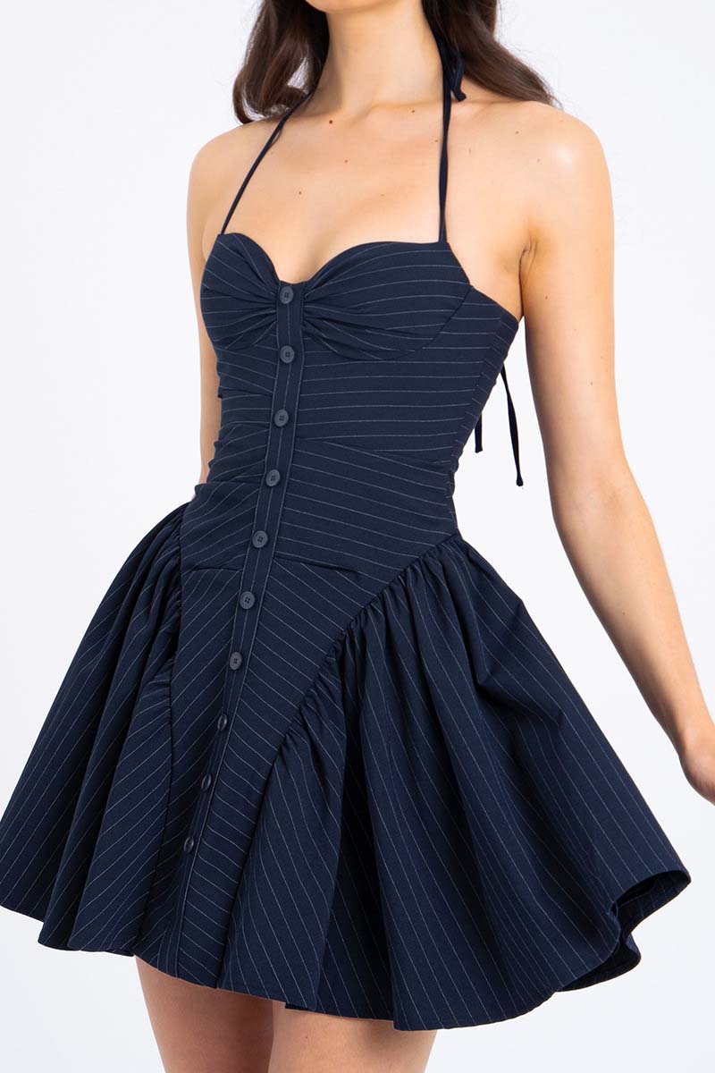 Halter-Neck Button-Up Pinstripe Mini Dress