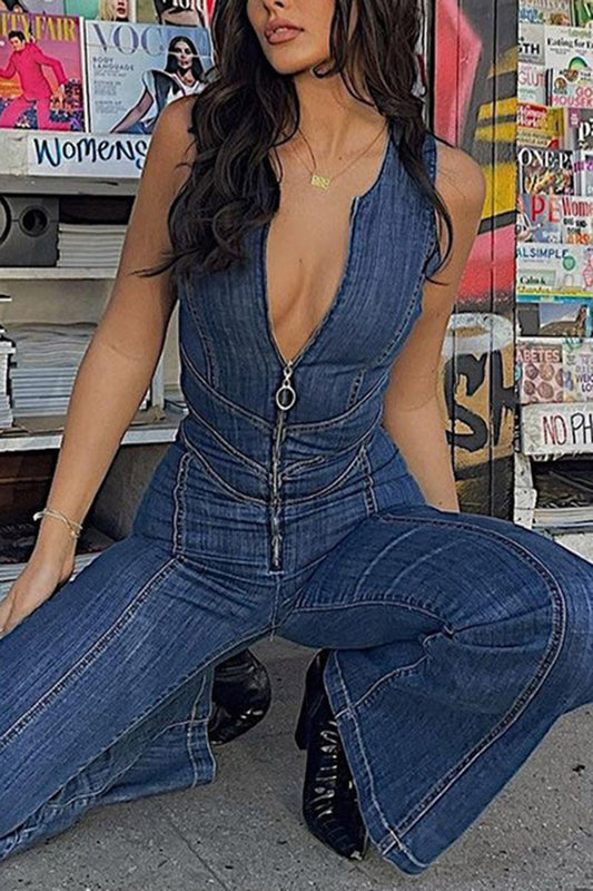 Zipper Front Denim Jumpsuit