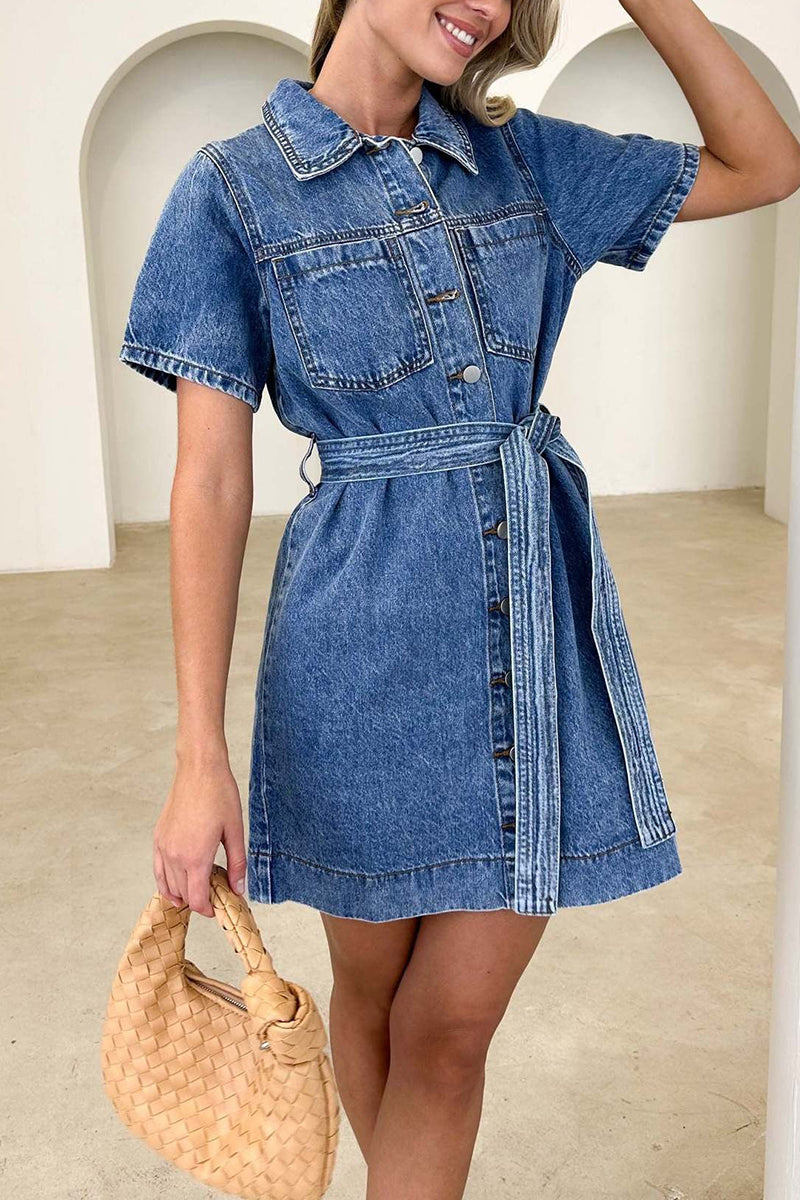 Short Sleeve Belted Denim Dress