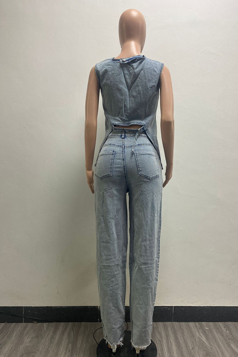 Sleeveless Denim Vest and Pants Set