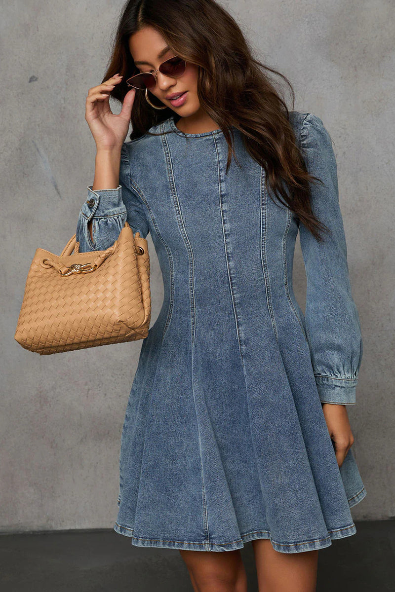 Fitted Denim Mini Dress with Puff Sleeves