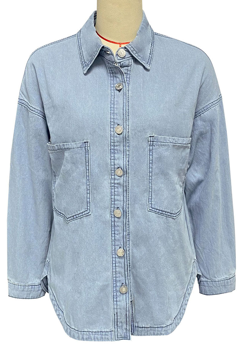 Wash Effect Button-Up Denim Shirt