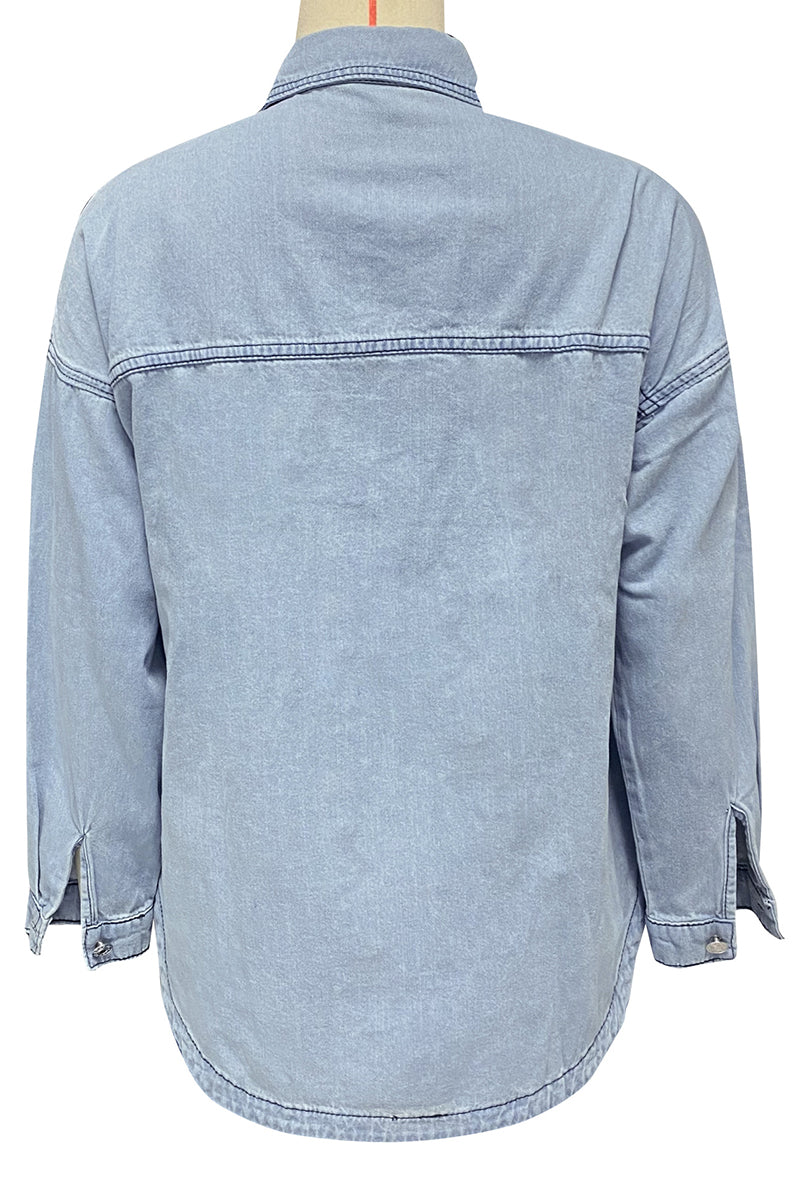 Wash Effect Button-Up Denim Shirt