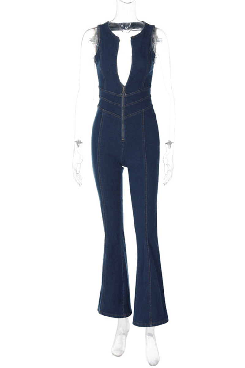 Zipper Front Denim Jumpsuit