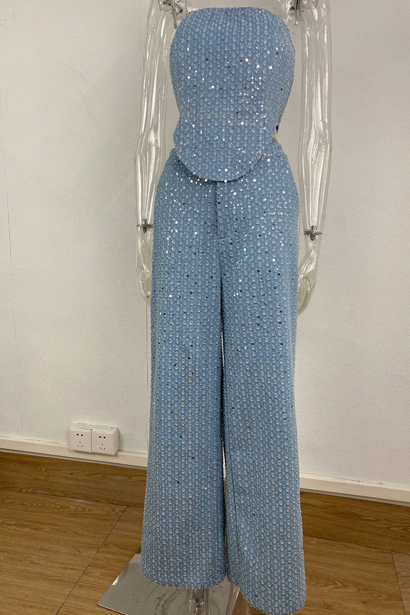 Strapless Sequin Top and Wide-Leg Pants Set