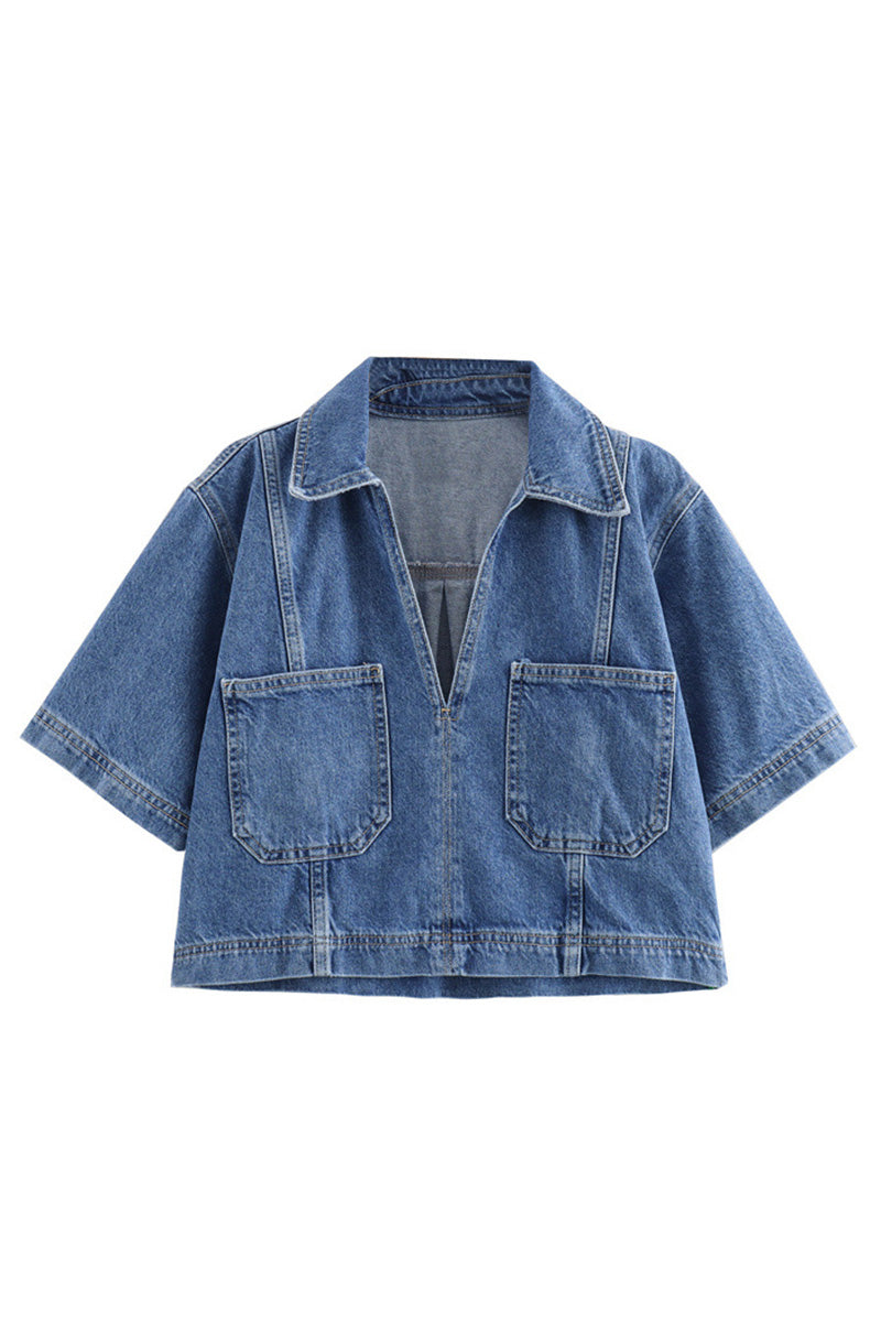 Cropped Denim Button-Up Shirt