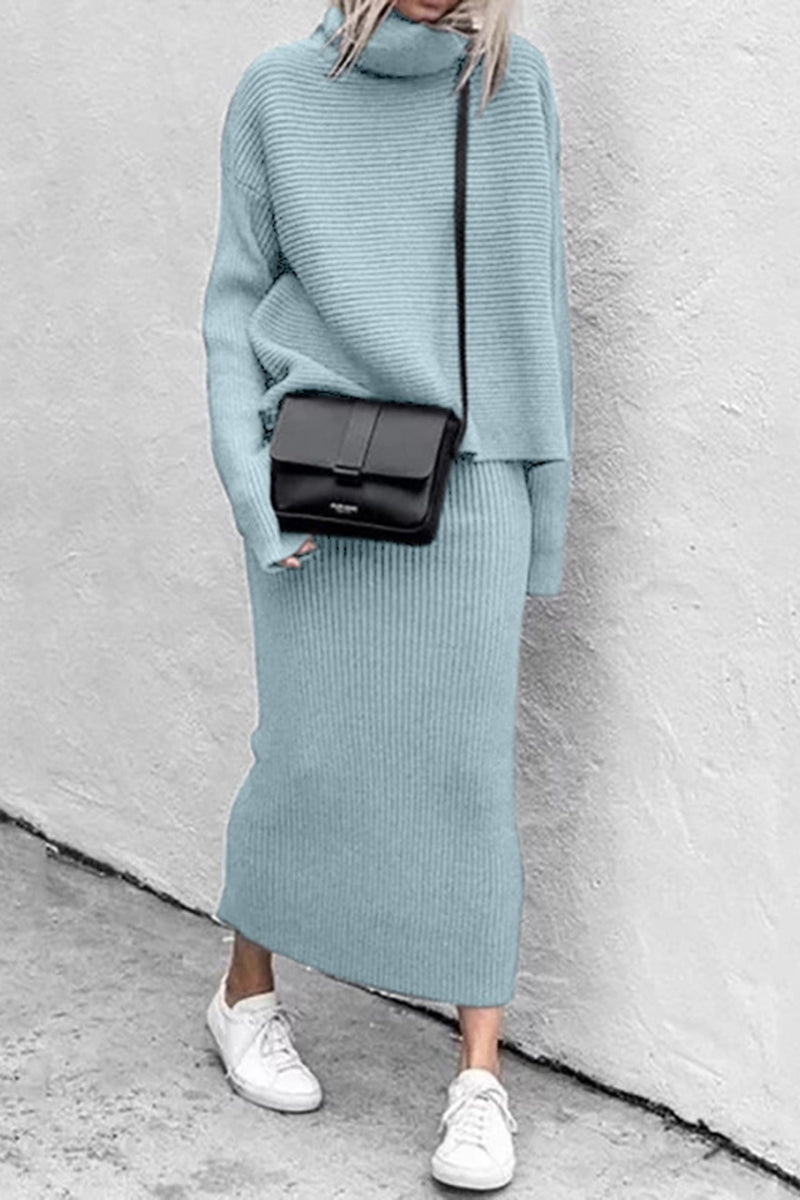 Two-Piece Ribbed Turtleneck and Skirt Set