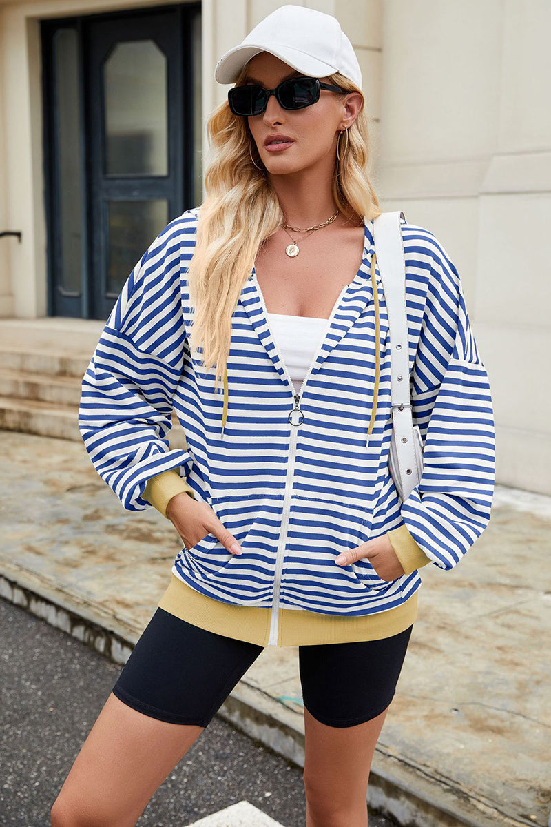 Striped Hooded Contrast Pocket Sweatshirt