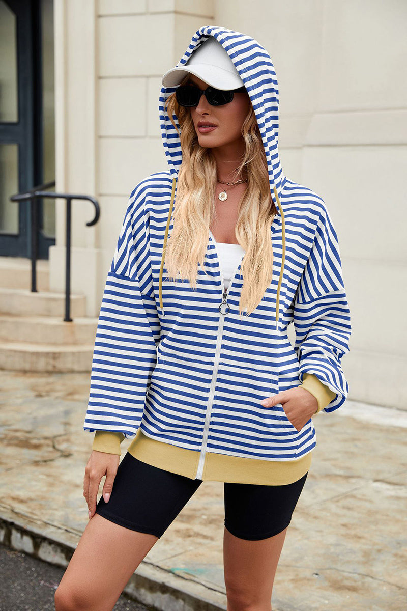 Striped Hooded Contrast Pocket Sweatshirt