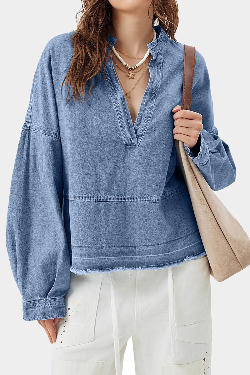 Oversized V-Neck Long Sleeve Denim Top