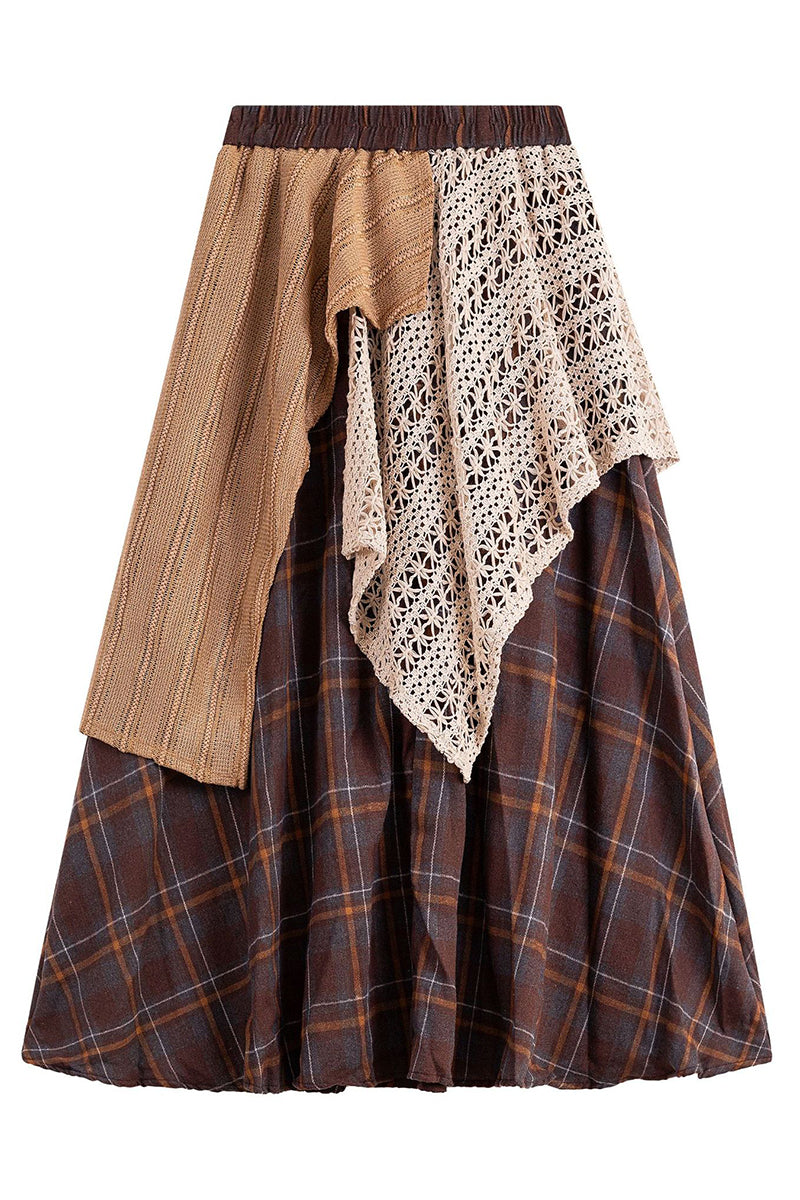 Asymmetrical Plaid Patchwork Midi Skirt