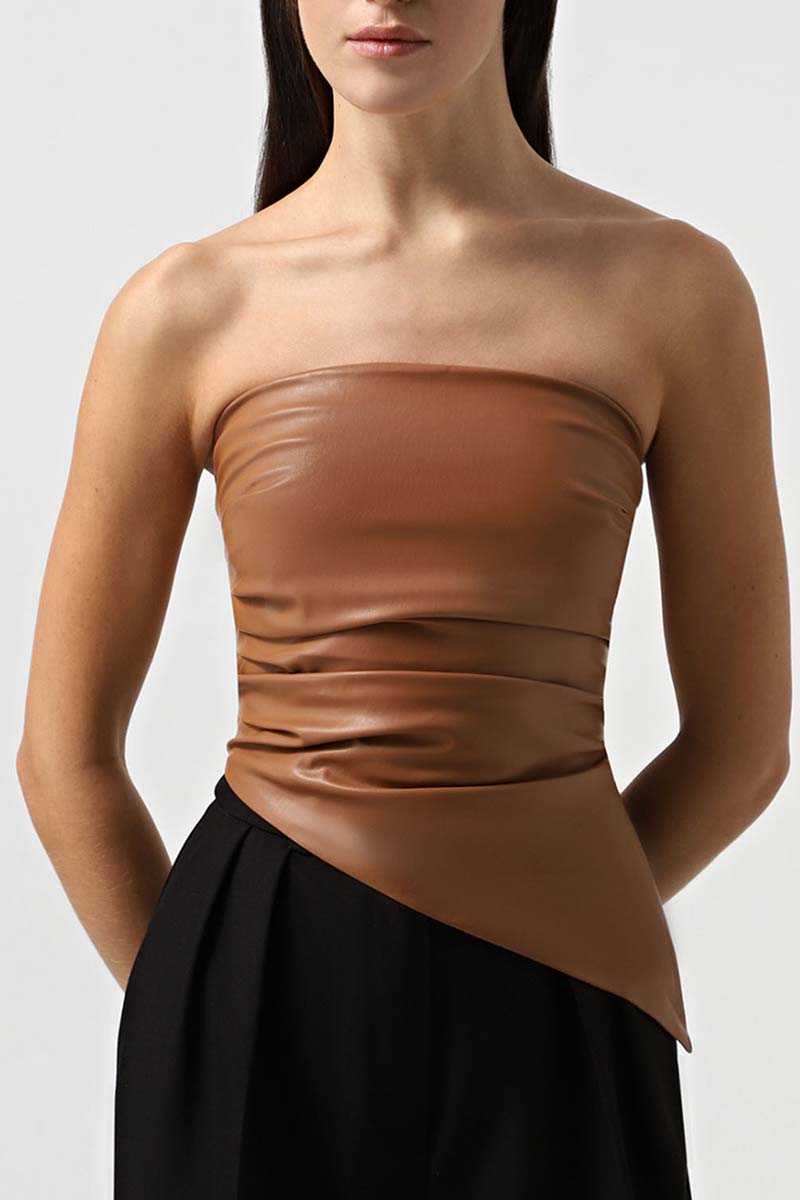 Asymmetrical Faux-Leather Strapless Top