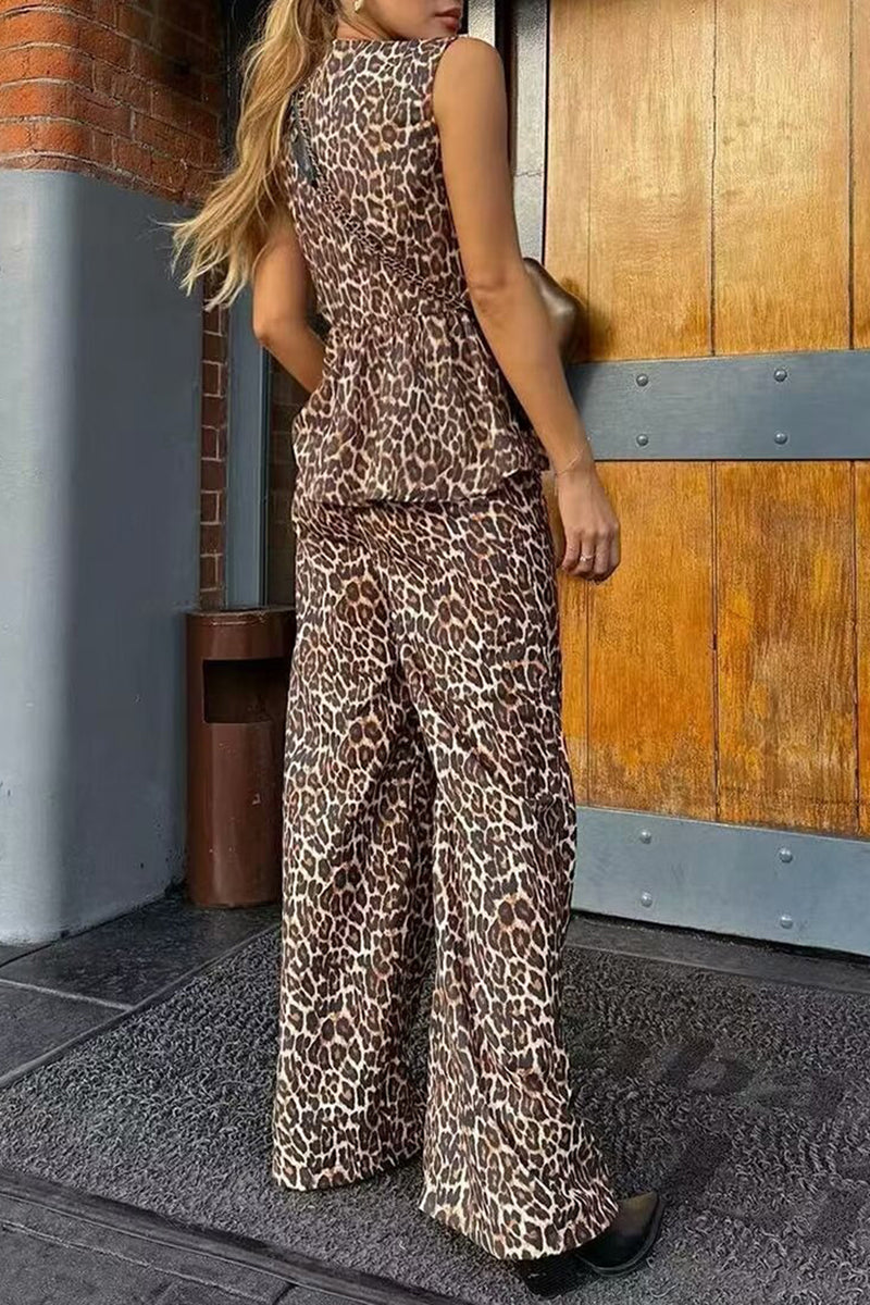 Leopard Sleeveless Vest and Wide-Leg Pants Set