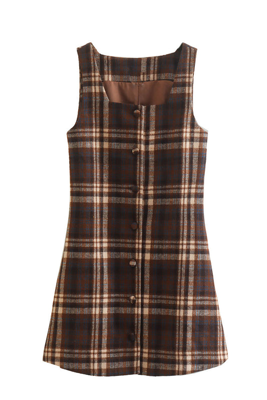 Plaid Button-Up Sleeveless Dress