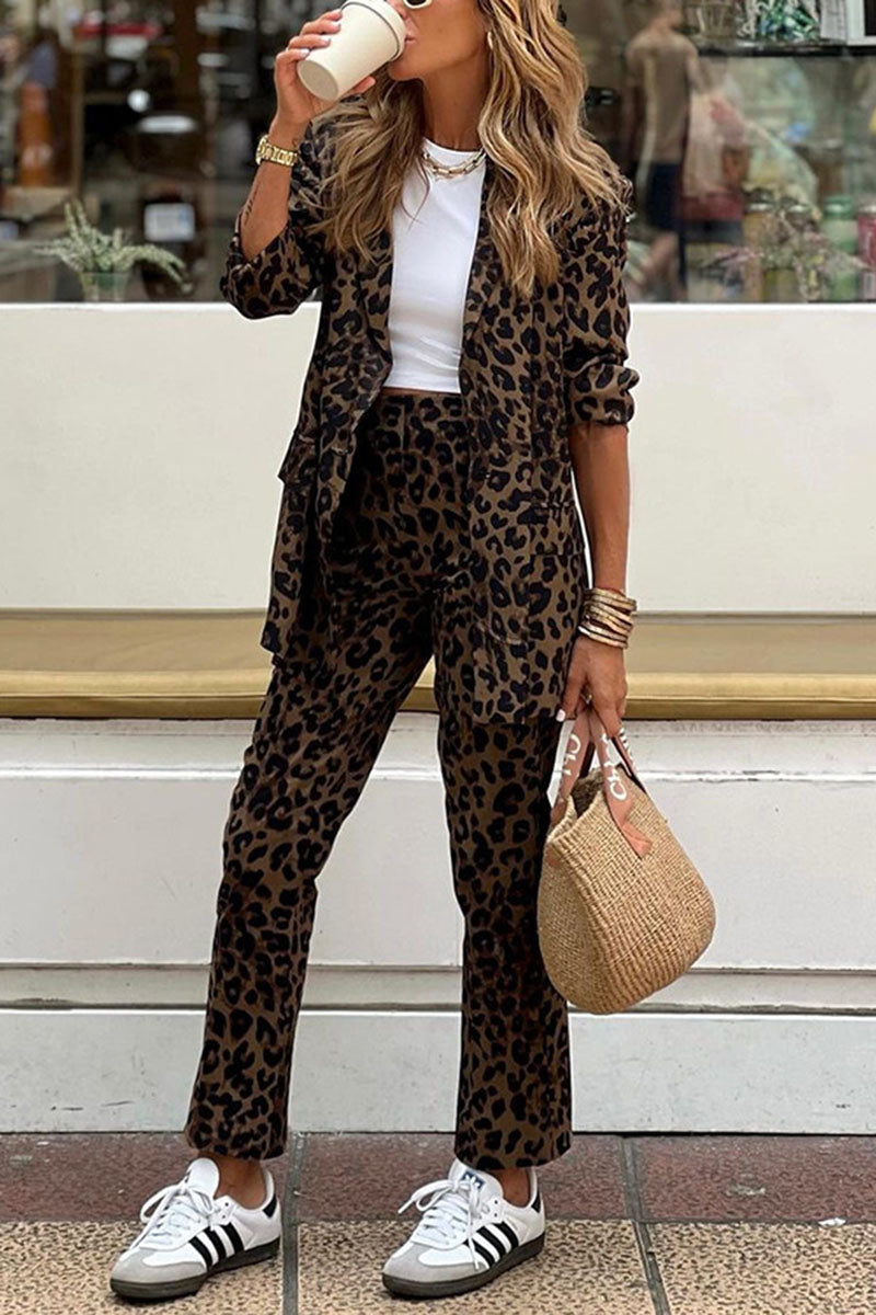 Leopard Print Blazer and Slim Fit Pants Set