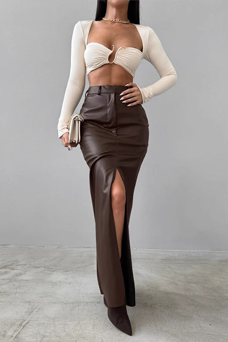 High-Slit Faux Leather Pencil Skirt