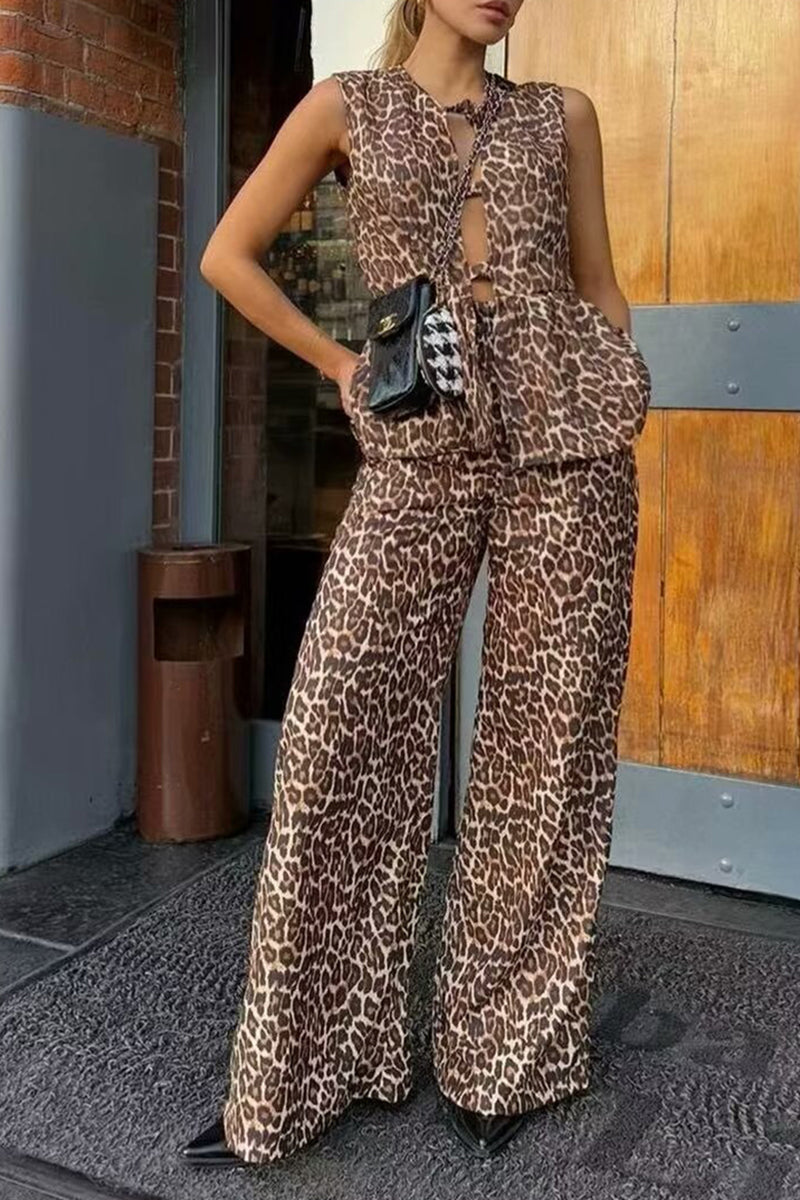 Leopard Sleeveless Vest and Wide-Leg Pants Set