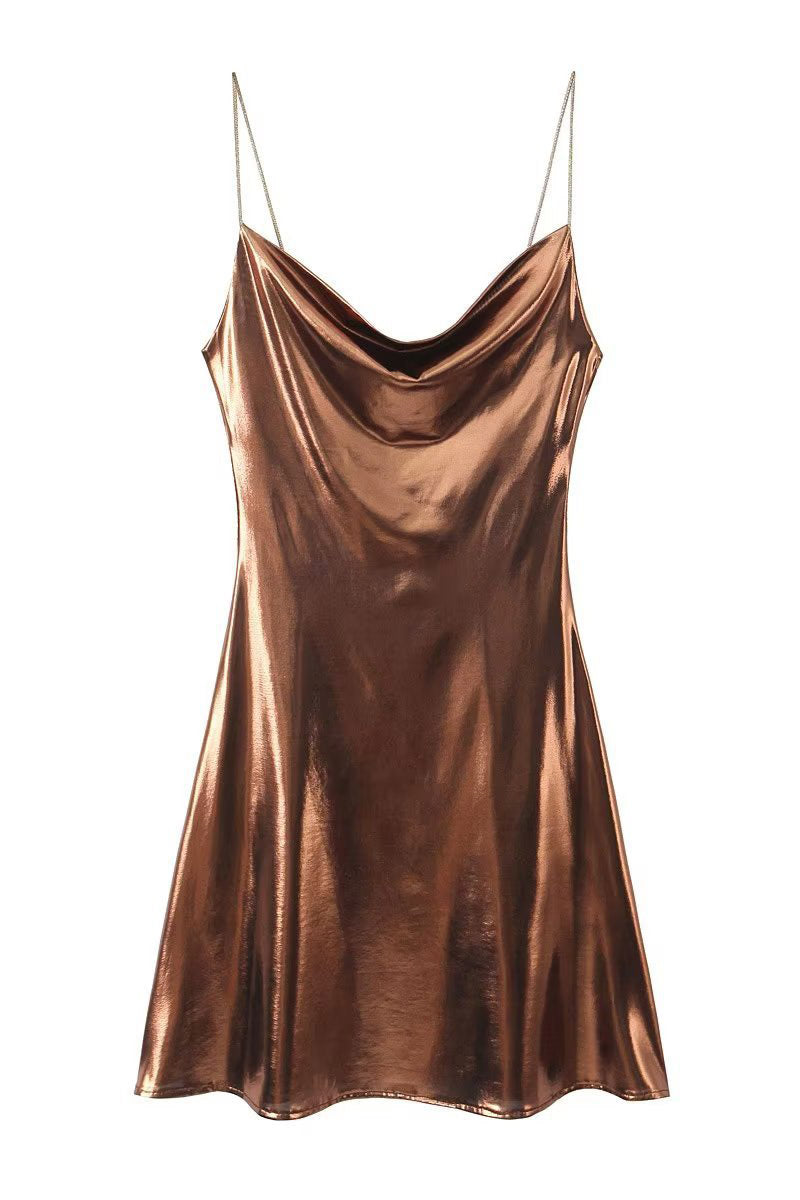 Draped Metallic Cowl Neck Mini Dress