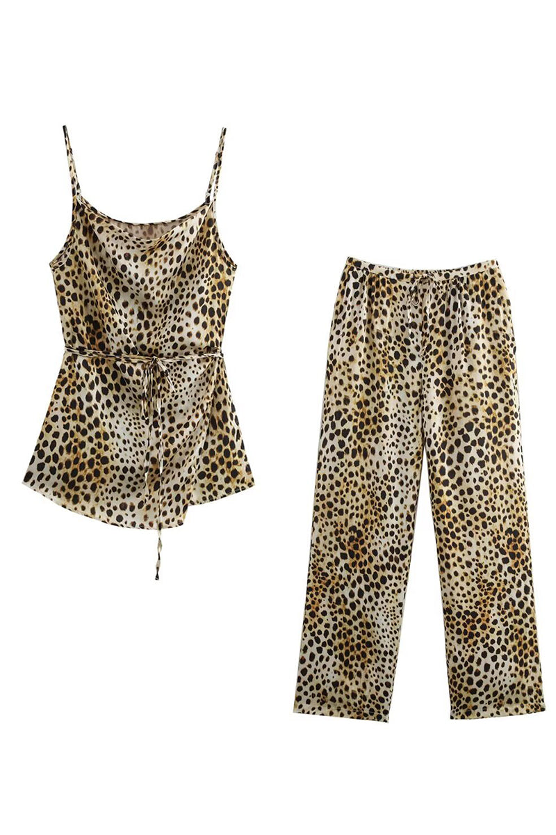 Leopard Spaghetti Strap Top and Wide-Leg Pants Set