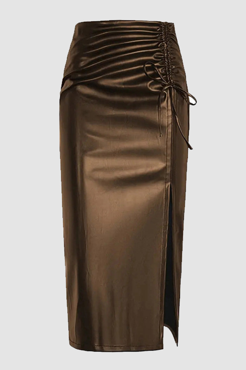 Faux Leather Midi Skirt with Side Slit