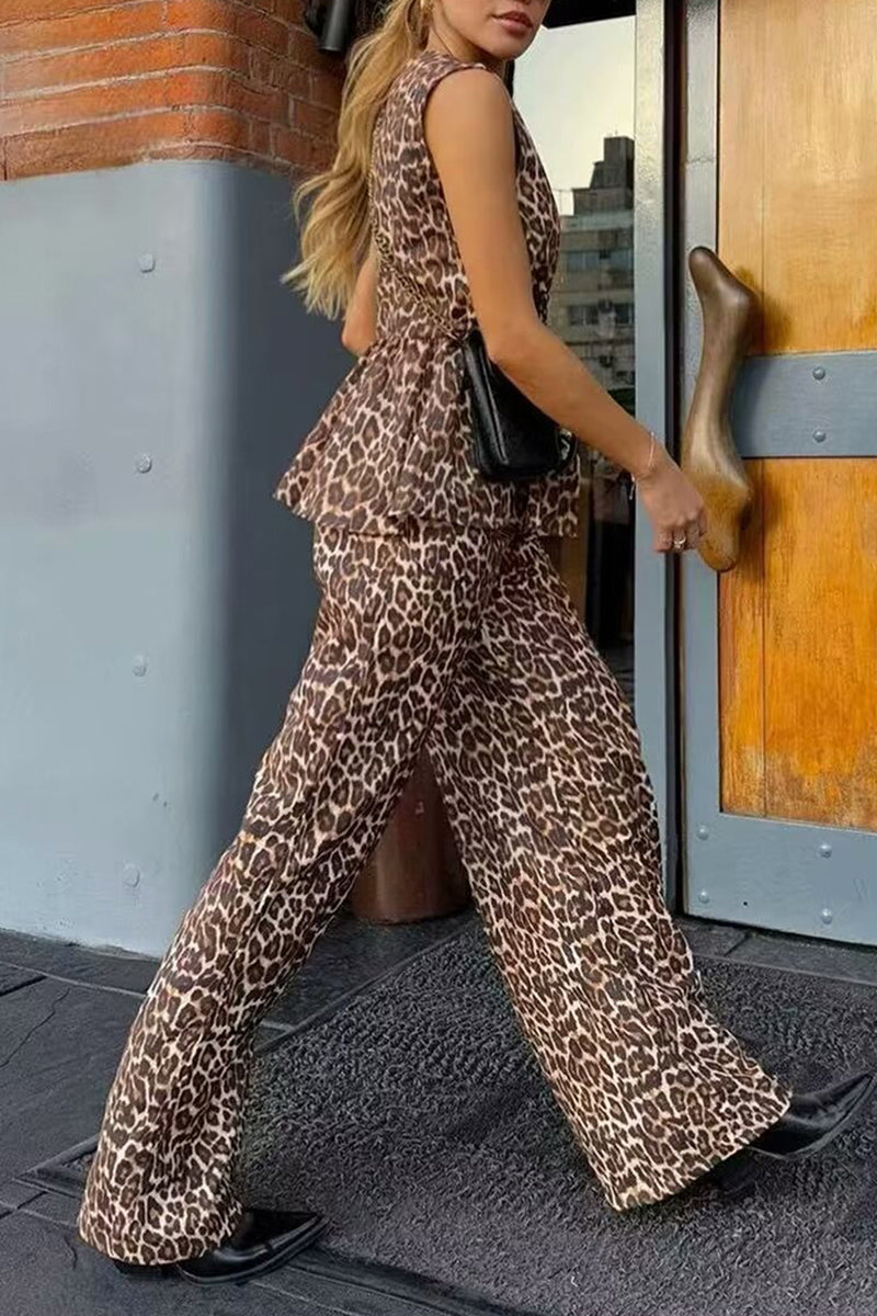 Leopard Sleeveless Vest and Wide-Leg Pants Set