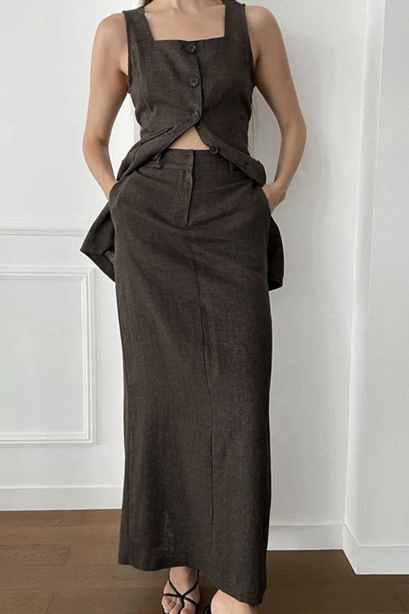 Sleeveless Button-Up Vest and Maxi Skirt Set