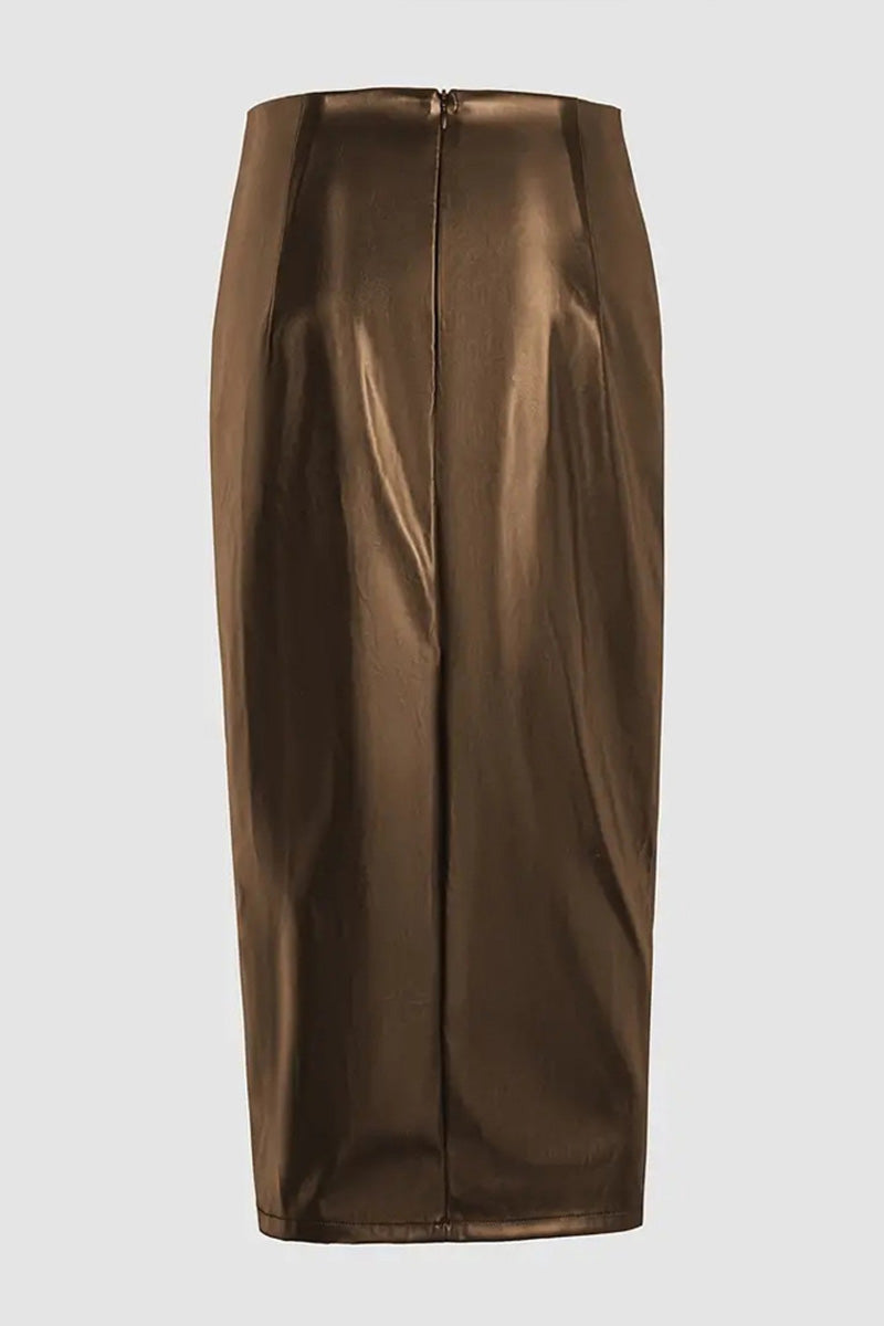 Faux Leather Midi Skirt with Side Slit