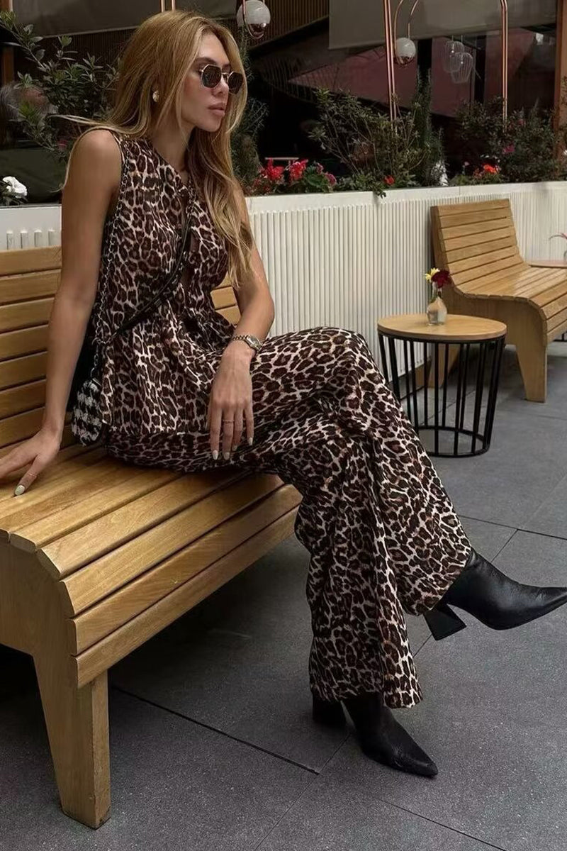 Leopard Sleeveless Vest and Wide-Leg Pants Set