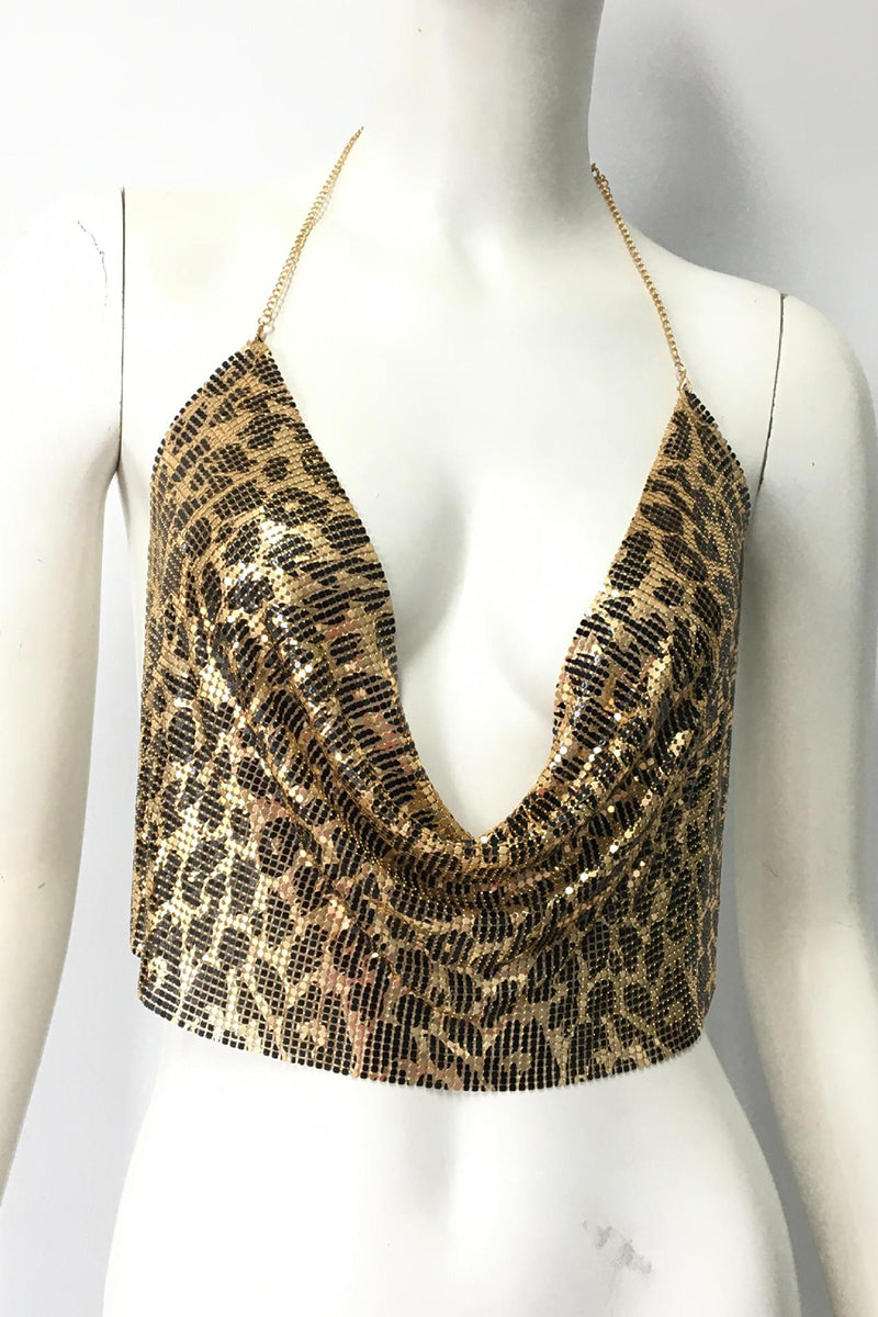 Chain Halter Metallic Crop Top