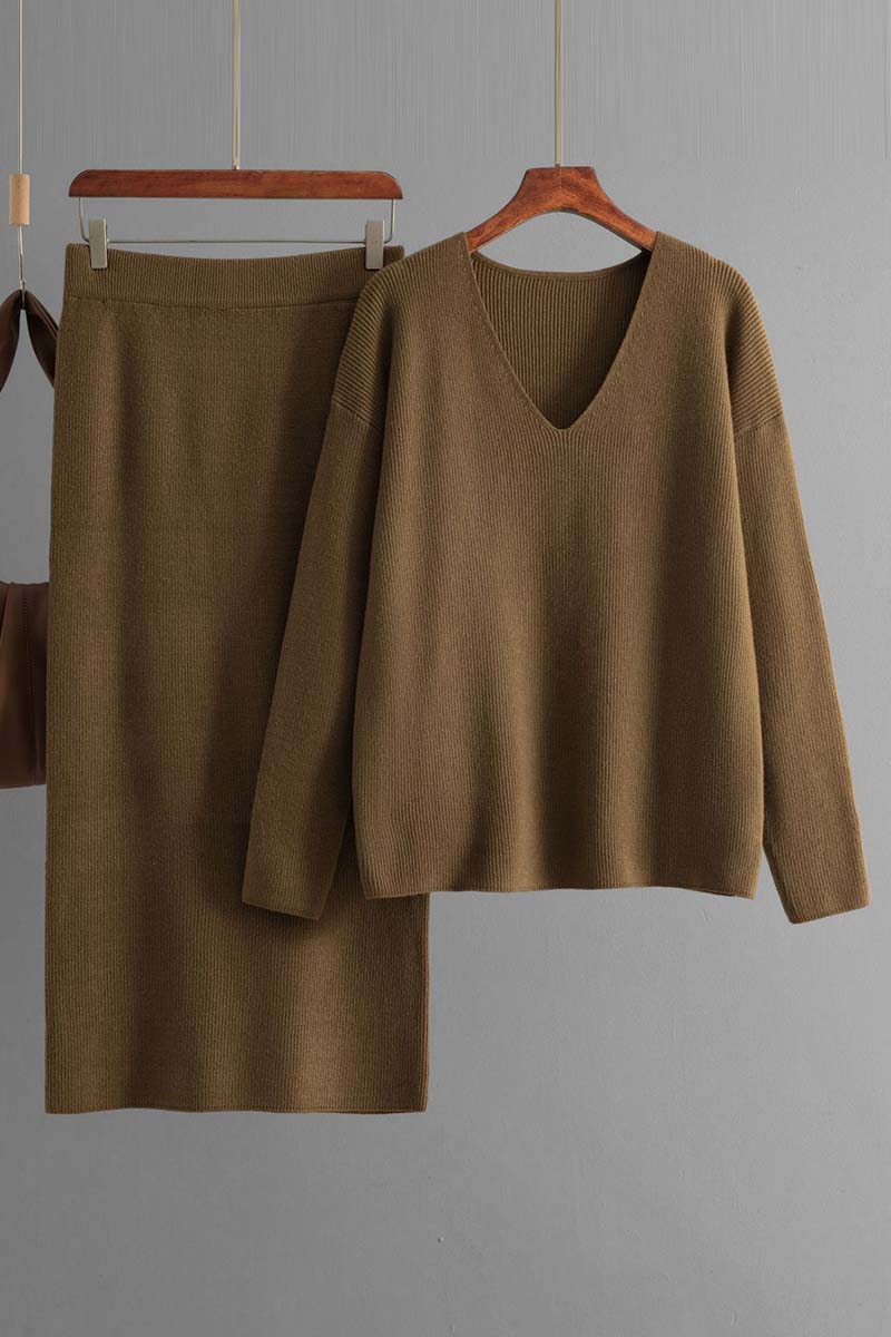 V-Neck Knit Top with Skirt Set