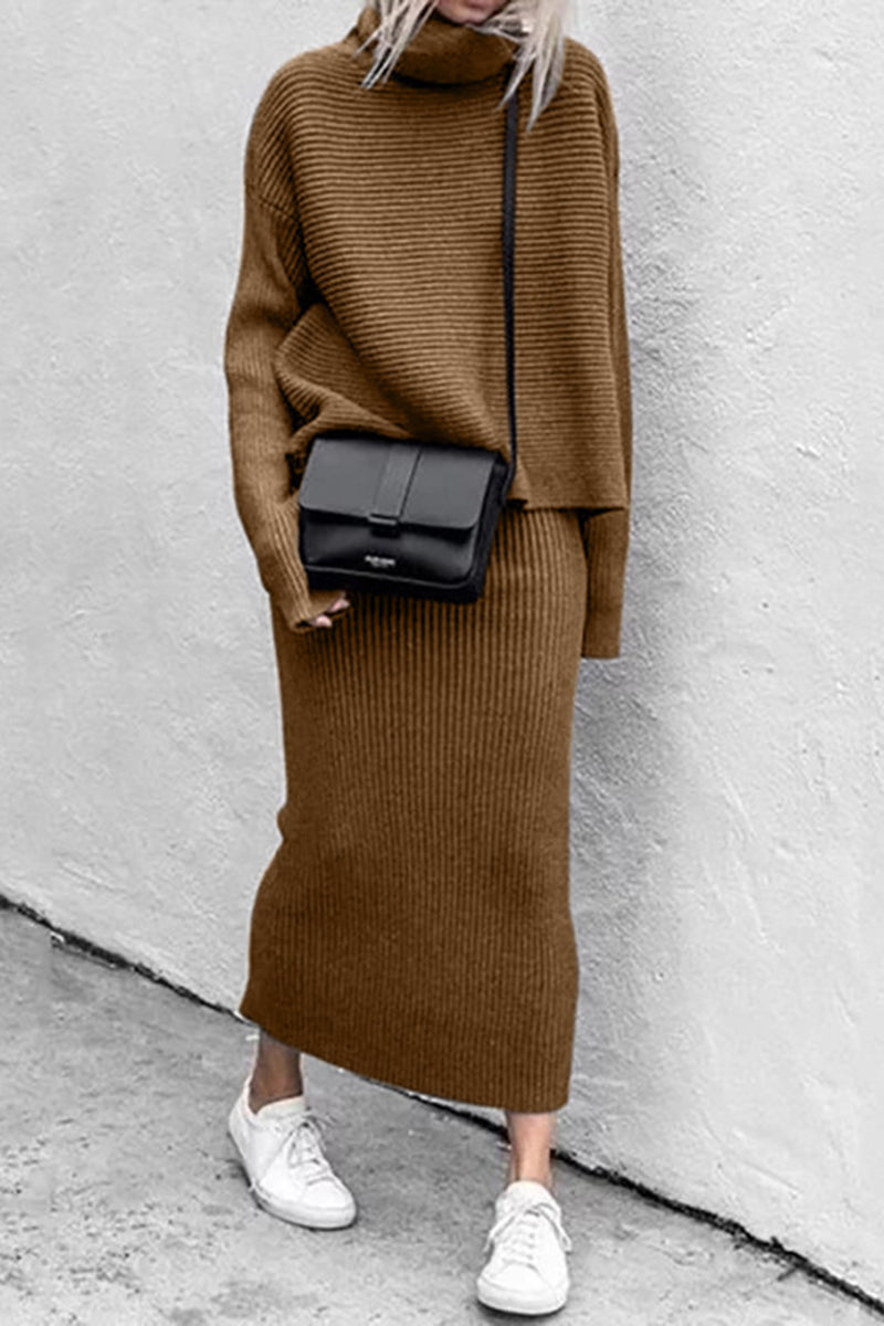 Two-Piece Ribbed Turtleneck and Skirt Set