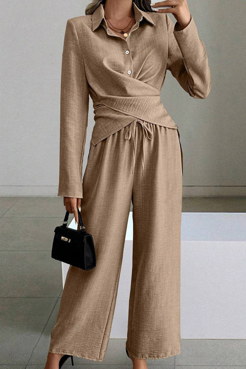 Collared Wrap-Effect Blouse and Pants Set