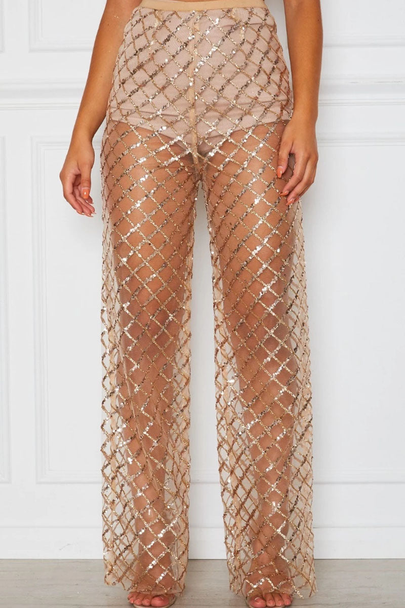 Sheer Rhinestone Embellished Wide Leg Pants