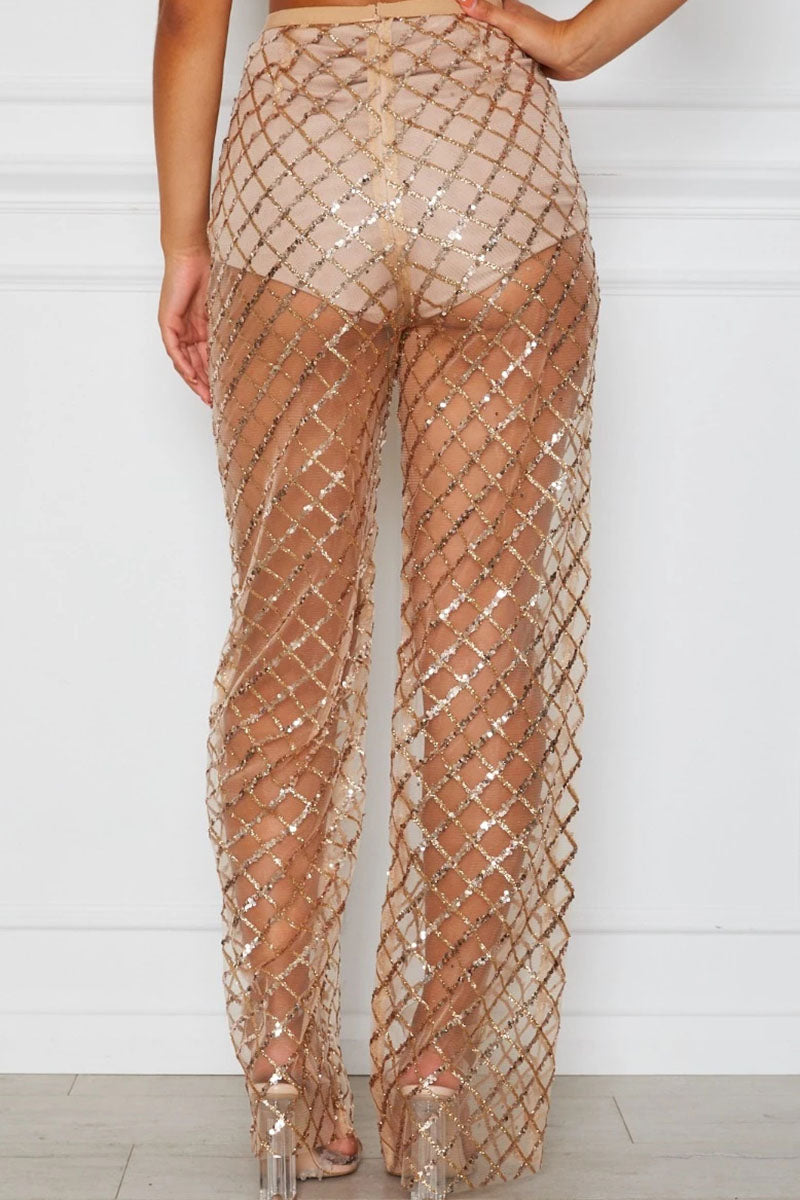 Sheer Rhinestone Embellished Wide Leg Pants