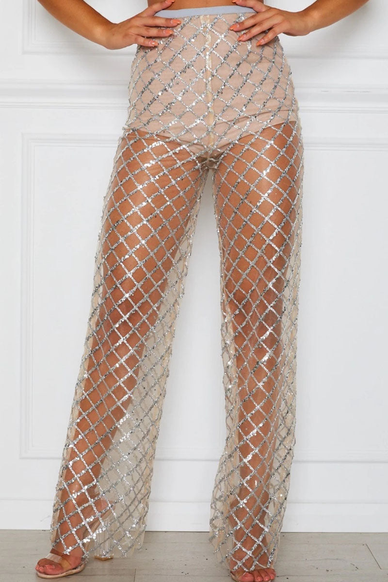 Sheer Rhinestone Embellished Wide Leg Pants