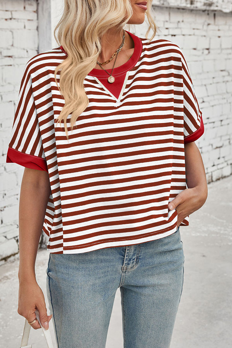 Striped Batwing Sleeve Contrast Trim Top