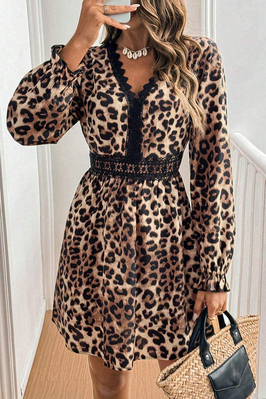 Leopard Print Lace Trim Long Sleeve Mini Dress