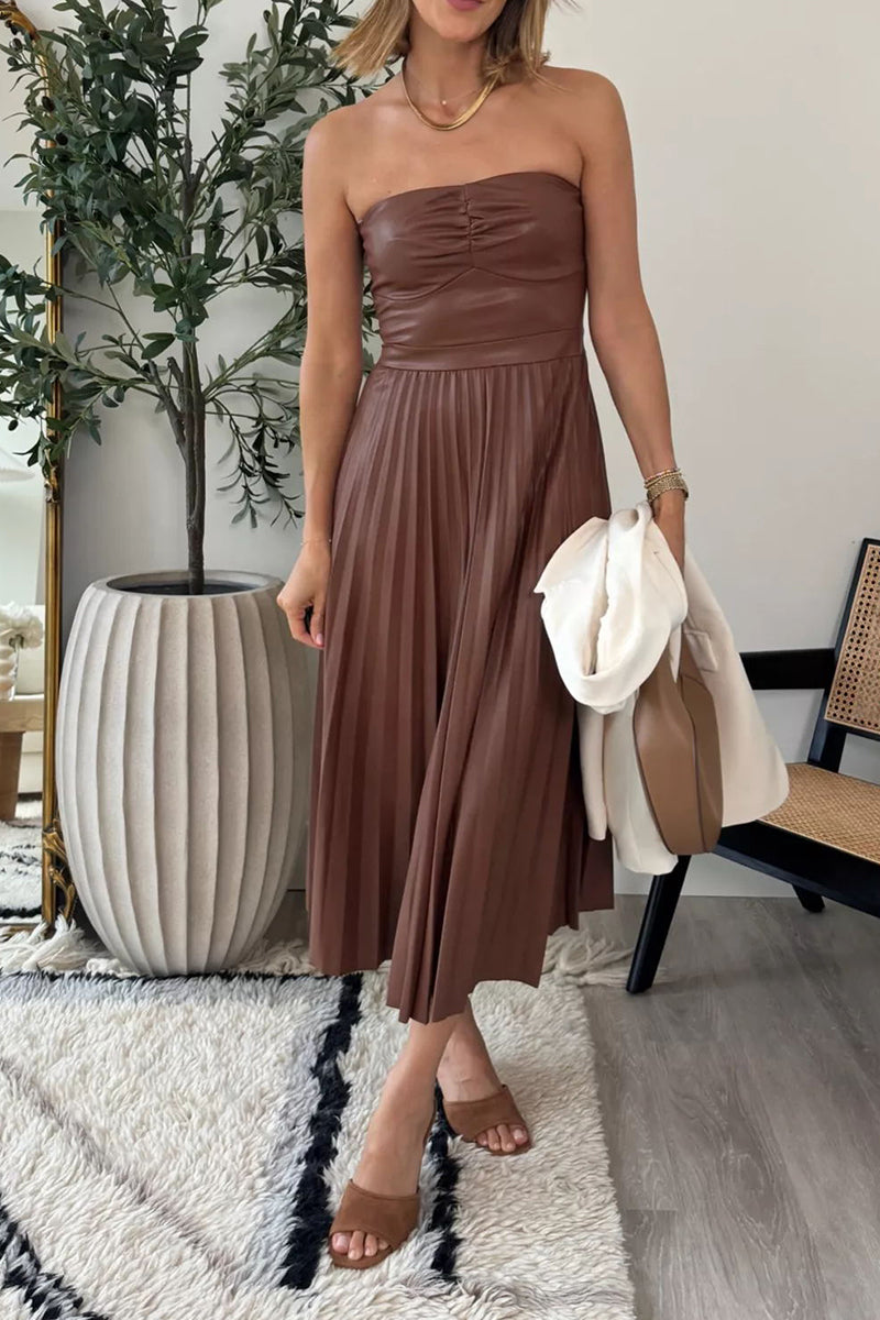 Pleated Strapless Midi Dress