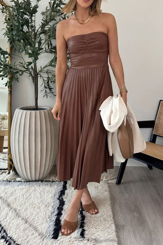 Pleated Strapless Midi Dress