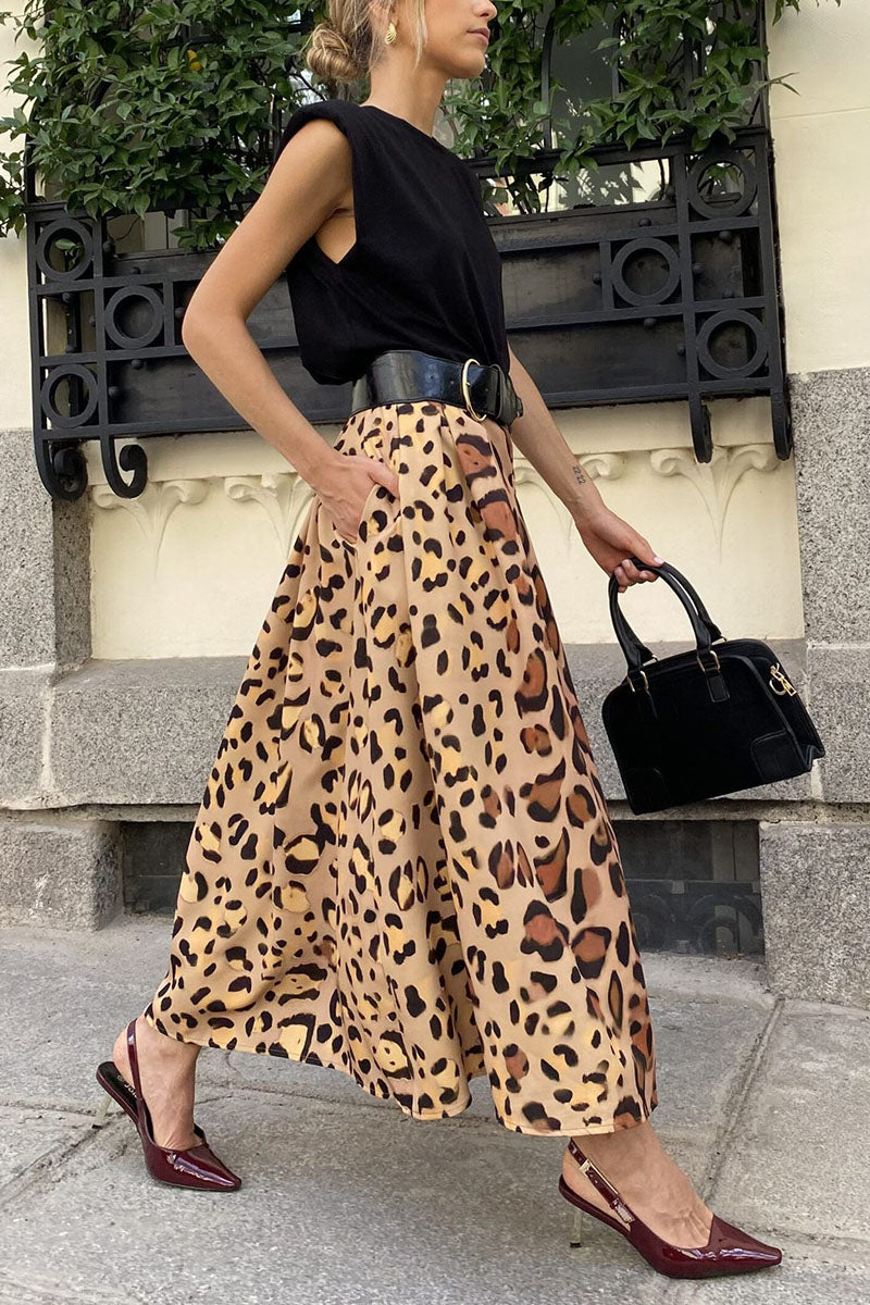 Leopard Print A-Line Midi Skirt with Pockets