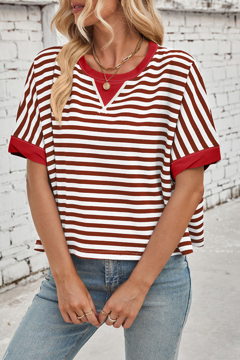 Striped Batwing Sleeve Contrast Trim Top