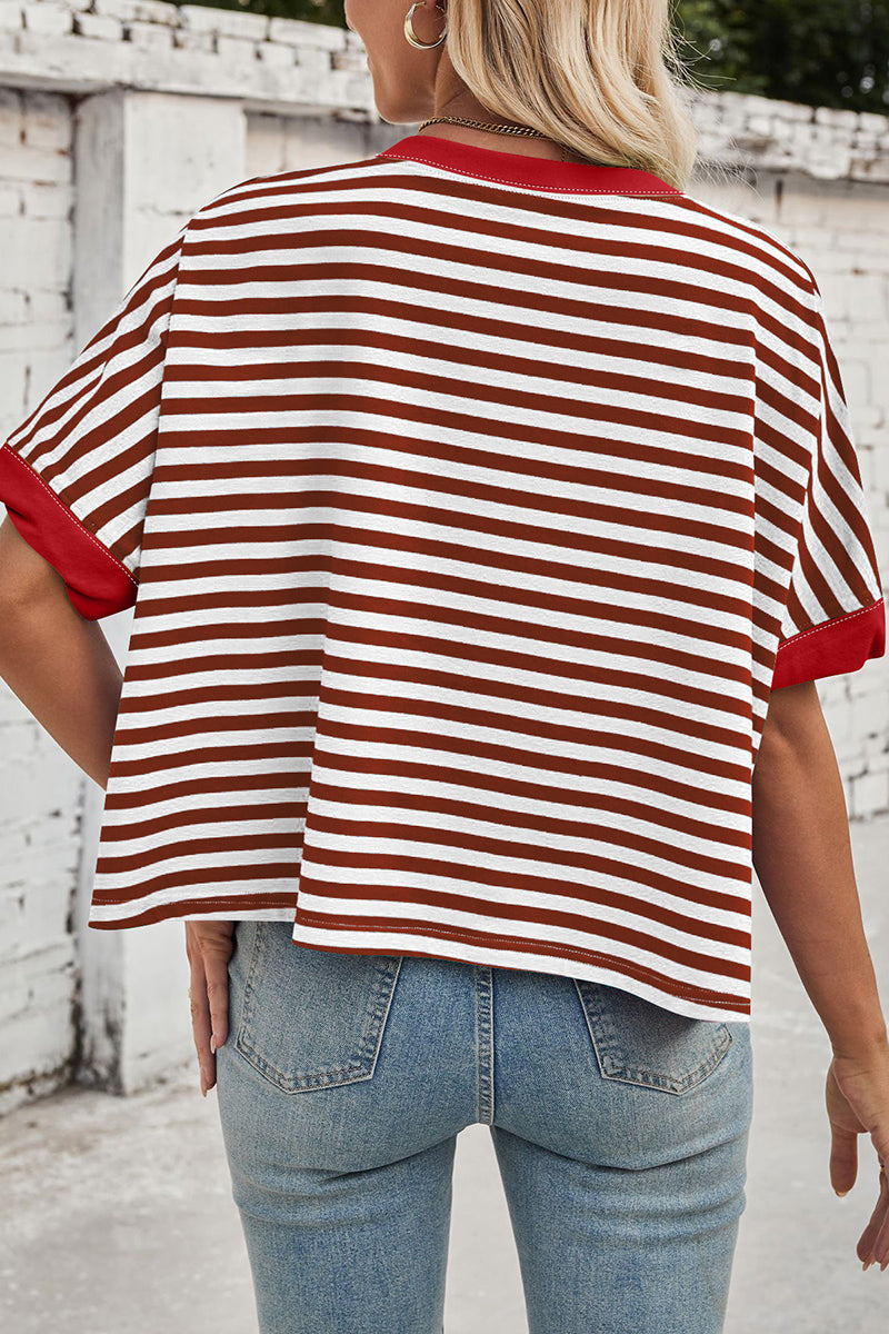 Striped Batwing Sleeve Contrast Trim Top