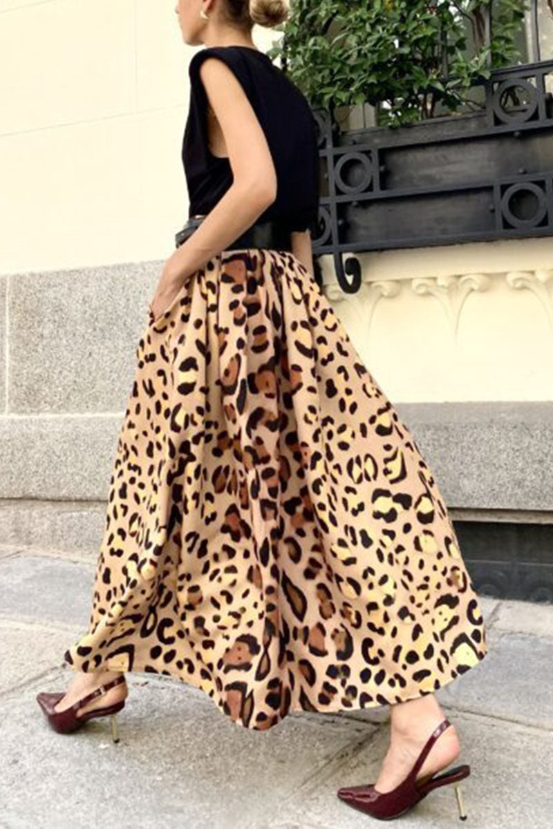 Leopard Print A-Line Midi Skirt with Pockets